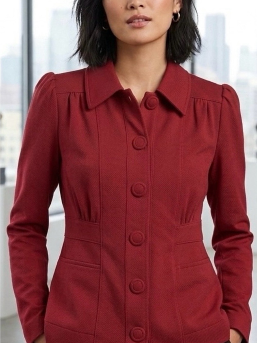 CAbi Structured Button-Front Blazer in Deep Red